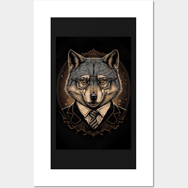 Handsome Wolf portrait with Glasses Wall Art by KoolArtDistrict